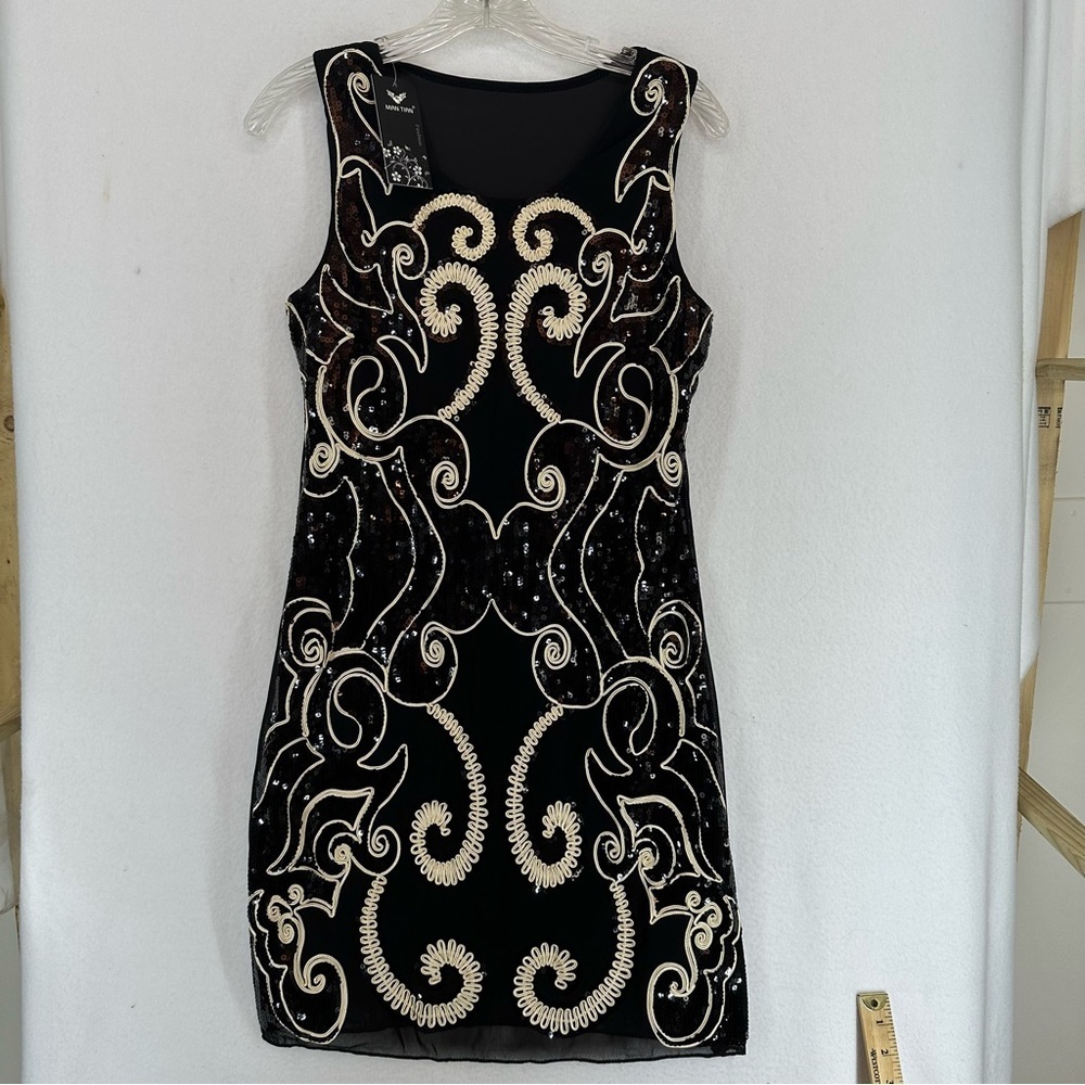NWT Man‎ Tian Sequence Sleeveless Mini Dress Swirl Small Black